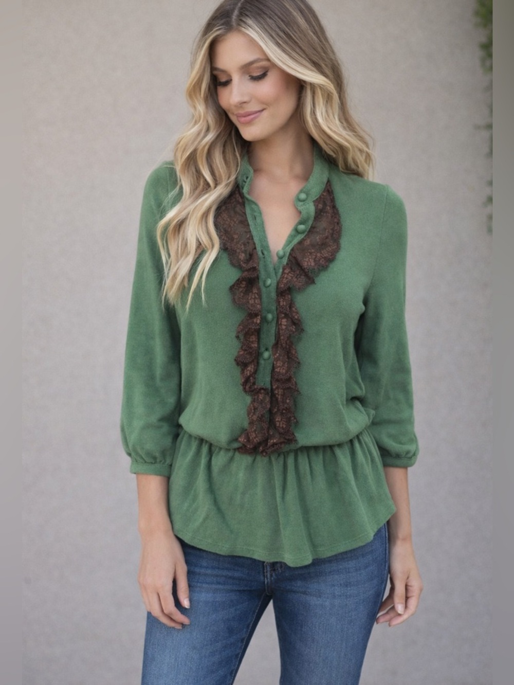 Ella Moss Anthropologie Green Blouse with Brown lace Ruffle Detail